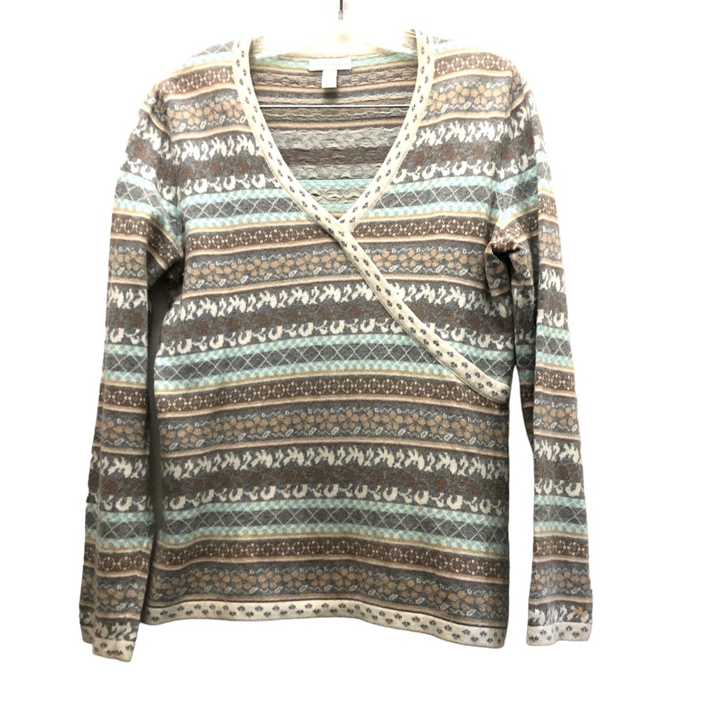Charter Club Geometric Pattern V-Neck Wrap Sweater Women's Size M White/Gray